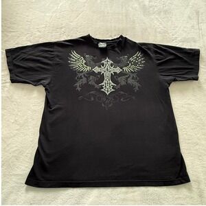 Avirex Graphic T Shirt Mens XL Black Cross Wings Y2K Streetwear Fade Tee